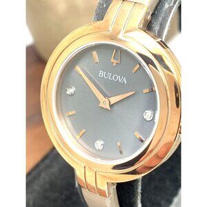 Bulova Womens Watch 97P143 Quartz Diamond Gray Dial Rose Gold Steel Leat…